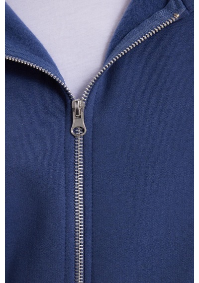 Tudors Unisex Relax Fit Rahat Kesim Pamuklu İçi Polarlı Çift Cepli Tam Fermuarlı İndigo Kapüşonlu Sweatshirt-41647 İndigo