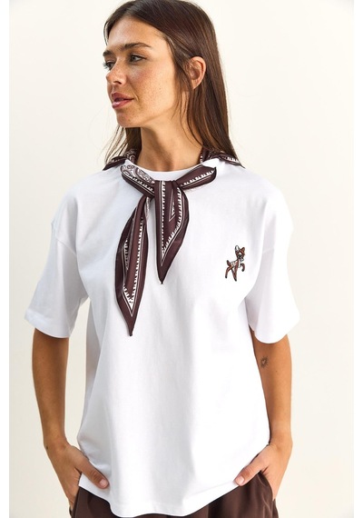 Shade Kadın Ceylan Nakışlı Fularlı Basic Salaş T-shirt 7517 60283977 - Beyaz