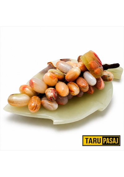 Doğal Oniks Taş Yaprak Tabak & 30 Taneli Üzüm Salkımı Feng Shui Dekor Objesi Kahverengi