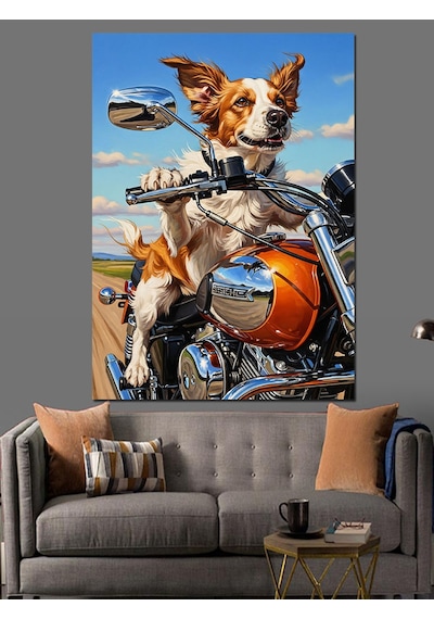 Ahşap Tablo Motosiklet Süren Köpek Resmi