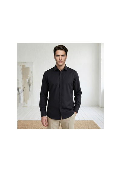 Yusaytr Slim Fit Uzun Kollu Pamuklu Gizli Düğme Yakalı Oxford Gömlek Siyah Siyah