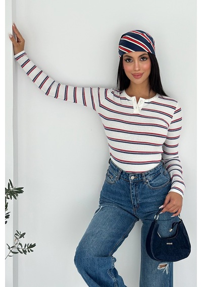 Noa & Noa Kadın Çizgili Düğme Detaylı Bluz Retro Stripe Beyaz