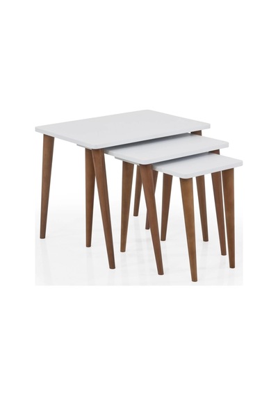 Ahşap Mdf 3 Lü Zigon Sehpa Retro Ayaklı Dikdörtgen Barok Beyaz Beyaz-ceviz
