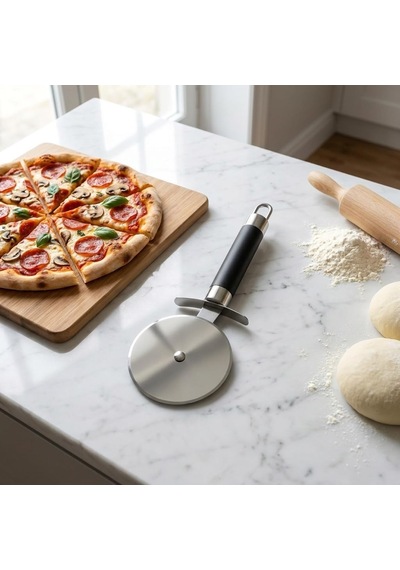 Büyük Boy Siyah Hamur Pizza Kesme Ruleti, Paslanmaz Çelik Diskli Pizza Dilimleyici, Ergonomik Saplı Hamur Börek Pasta Lavaş Kesme Aparatı, Askı Delikli Mutfak Kesici