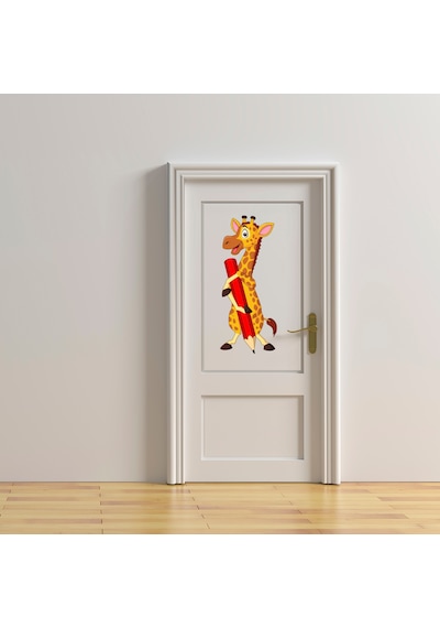 Sevimli Zürafa ve Kalem Ana Okulu Çocuk Odası Duvar Kapı Sticker