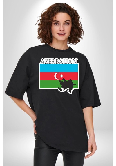 Azerbeycan Bayrak Ülke Pamuklu Bisiklet Yaka Unisex Oversize Boyfriend Dijital Baskılı Siyah T-shirt Siyah