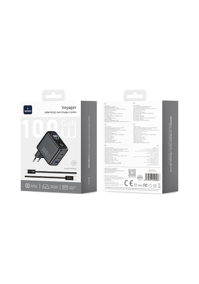 Wiwu Chg300 Voyager Serisi 100w Gan Teknolojili Pd/qc Tft Göstergeli Hızlı Şarj Başlığı Siyah
