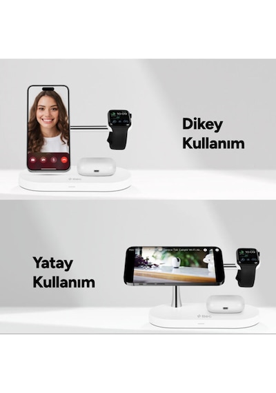 Ttec Aircharger Quattro M Magsafe Uyumlu iPhone - Apple Watch - Airpods LED Kablosuz Hızlı Şarj Standı Beyaz