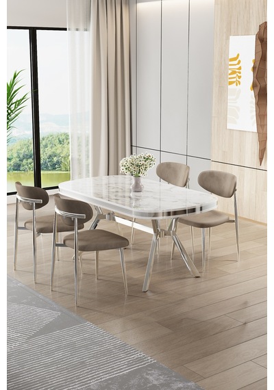 Canisa Olya Serisi 90x168 Lak Panel Beyaz Mermer Desen Masa Takımı Krom Ayaklı 4 Cappucino Sandalye Beyaz Mermer Masa Cappucino Sandalye Canisa Olya Serisi 90x168 Lak Panel Beyaz Mermer Desen Masa Takımı Krom Ayaklı 4 Cappucino Sandalye Beyaz Mermer Masa Cappucino Sandalye