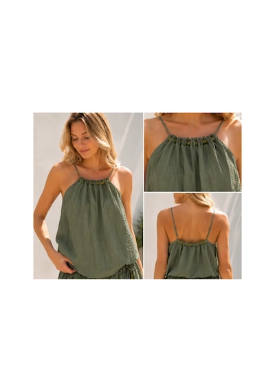Meridefashion Haki Boncuk Detaylı İp Askılı Bluz Kadın Yazlık Salaş Dokulu Bluz S