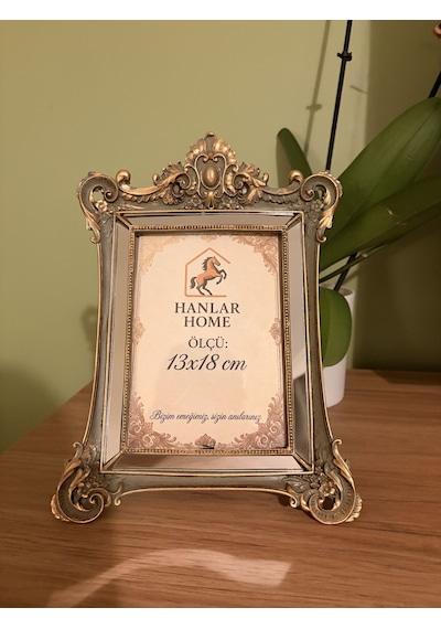 Taçlı Barok Aynalı Fotoğraf Çerçevesi Haki & Eskitme Altın 13x18 Cm