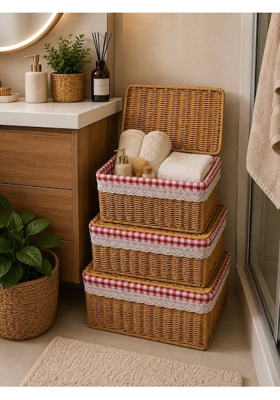 Morponi 3'lü Kapaklı Ekoseli Hasır Rattan Organizer Sepet Sın221a Sarı