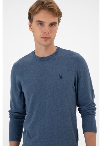 U.S. Polo Assn. Erkek Slim Fit Bisiklet Yaka Koyu Mavi Melanj Basic Kazak 50313713-VR251