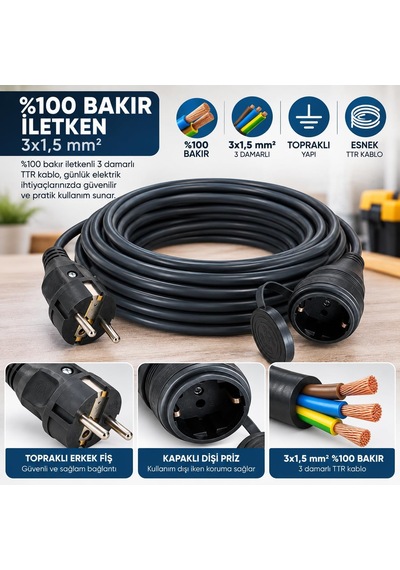 3x1.5mm%100 Bakır Ttr Topraklı Seyyar Uzatma Kablosu Siyah, 5 Metre Diger
