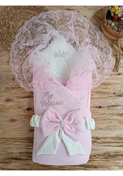 Ekru Kız Bebek Battaniyesi Dantelli Kundak Hastane Çıkışı Yenidoğan %100 Doğal Pamuktan Hediyelik Pembe