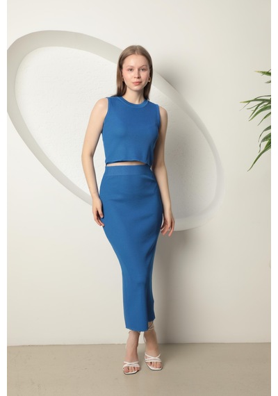 Chıcnhappy Triko Kumaş Croplu Etek Kadın Takım Saks Mavisi - %100 Polyester Saks
