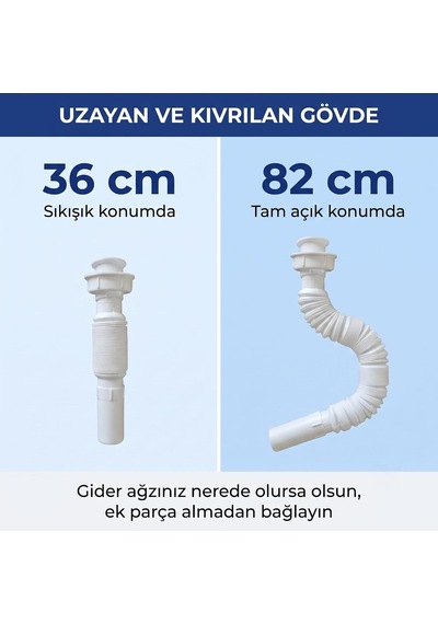 Lexroo Körüklü Lavabo Sifonu, Paslanmaz Çelik Süzgeçli Esnek Gider Borusu Standart