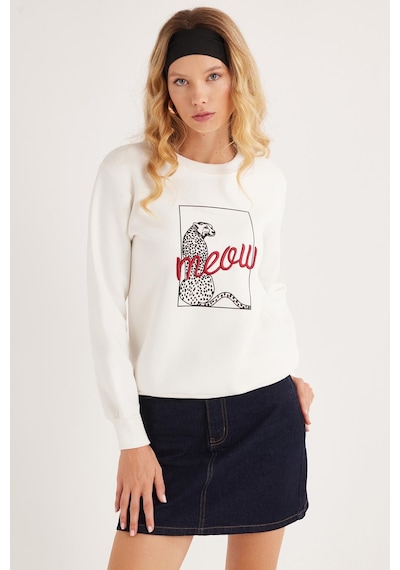 Tudors Kadın Regular Fit Klasik Kesim %100 Pamuk Baskılı Bisiklet Yaka Beyaz Sweatshirt-36931 Beyaz