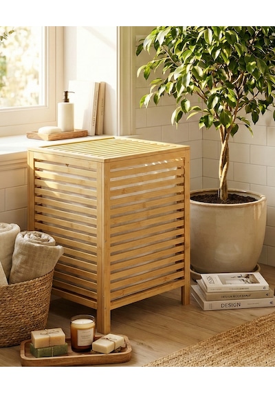 Bambu Kirli Banyo Çamaşır Sepeti İki Bölmeli Dekoratif Kare Doğal Bambu 45 45 63cm Kahverengi