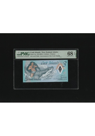 Cook İslands New Zealand Admin. 3 Dollars Sn Aa777495 Polymer P11a Nd 2021 Pmg 68 Epq Super Gem Unc Çil