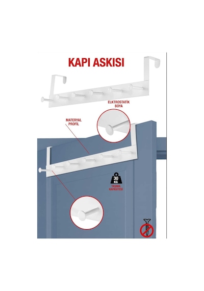 Pratik Ve Şık 6'lı Metal Kapı Arkası Askısı - 30 Kg Taşıma Kapasitesi, Beyaz 46.5 Cm Uzunluk Metal B Diğer