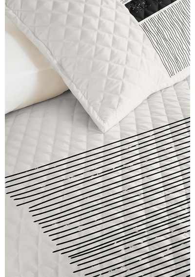 Siyah Çizgili Geometrik Genç Odası Tek Kişilik Pike Takımı - Modern 160x220 Cm Kapitone Yatak Örtüsü Keten Kuşluk Uyumu