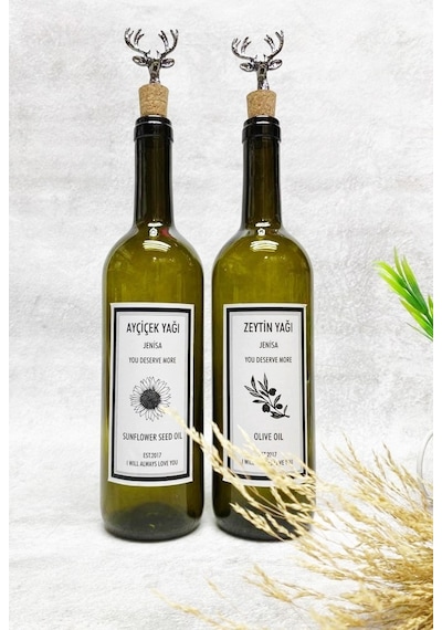 2 Adet Siyah Geyik Mantar Tıpalı Yeşil 750 Ml Şişe Beyaz Etiket Y