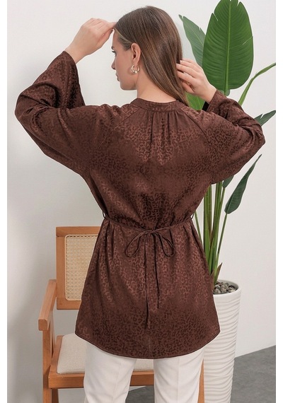 Bigdart Kadın Çizgili Bağcıklı Oversize Tunik 50009 - Kahverengi
