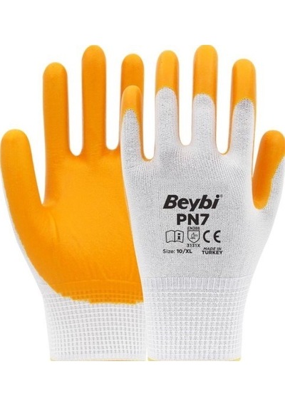 Beybi Pn7 Polyester Örme Nitril Iş Eldiveni Beyaz/sarı 30 Adet