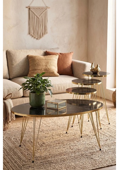 Odera Bendir Siyah Mermer Desenli Oval Orta Sehpa Ve Yuvarlak Zigon Sehpa 4'lü Set Pvc Kenarlı Metal Ayaklı Retro Modern Salon Sehpası Diğer