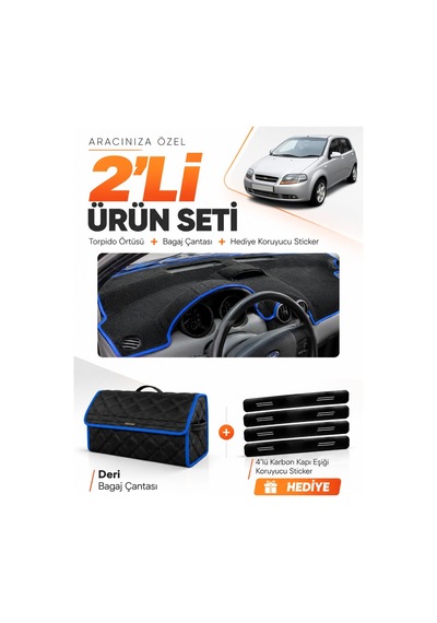 E-biz Chevrolet Kalos 2009-2013 Uyumlu Torpido Örtüsü + Deri Bagaj Çantası - Siyah-mavi - Ch004