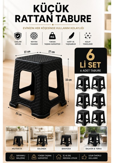 6 Lı Küçük Rattan Tabure Seti Siyah Mutfak Banyo Balkon Bahçe İçin İstiflenebilir Plastik Tabure Siyah
