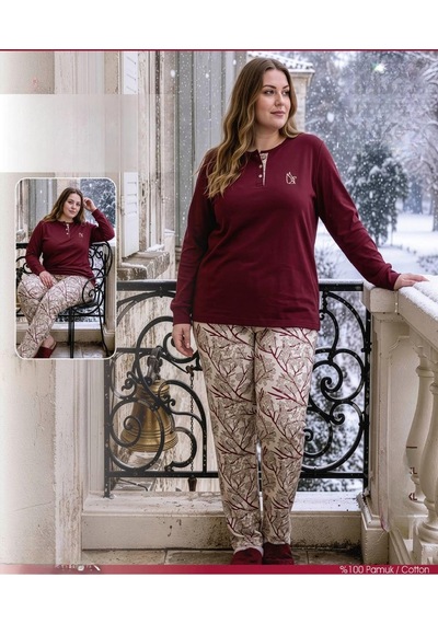 Angelina Kadın Battal Düğmeli Yaka %100 Pamuk İnterlok Kışlık Pijama Takımı 10018 - 1 Adet Bordo Angelina Kadın Battal Düğmeli Yaka %100 Pamuk İnterlok Kışlık Pijama Takımı 10018 - 1 Adet Bordo