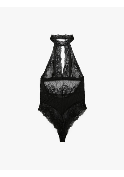 Koton Transparan Floral Dokulu Halter Yaka Dantelli Bodysuit Siyah 6wlk00003mk Siyah
