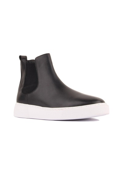 Shoetyle - Siyah Hakiki Deri Erkek Chelsea Bot - Beyaz Taban - 250-041 -1164 Siyah