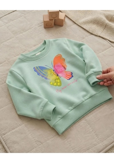 Tuffy Mint Nil Yeşili Kelebek Baskılı Bebek Sweatshirt Rahat Kalıp