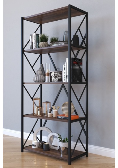 5 Raflı Metal Kitaplık 160 Cm - Ceviz Ceviz