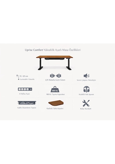 Uprise Comfort Çift Motorlu Yükseklik Ayarlı Masa 72 121 Cm Siyah Ayak/ceviz Tabla, 160x80 Cm Çok Renkli Uprise Comfort Çift Motorlu Yükseklik Ayarlı Masa 72 121 Cm Siyah Ayak/ceviz Tabla, 160x80 Cm Çok Renkli