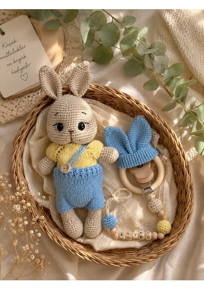 Amigurumi Organik Tavşan Uyku Arkadaşı ve Çıngırak Zincir Seti El Yapımı