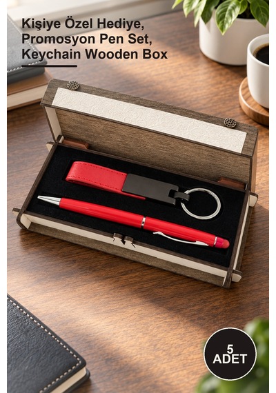 5 Adet Ahşap Kutulu Kırmızı Anahtarlık Ve Kalem Seti Kişiye Özel Hediye, Promosyon Pen Set, Keychain Wooden Box