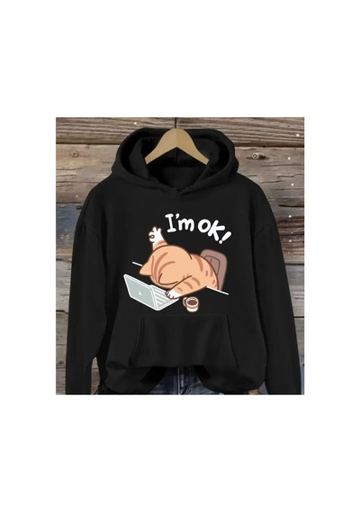 Herkesemoda I'm Ok Kedi Baskı Detaylı Kapüşonlu Sweatshırt Siyah Siyah