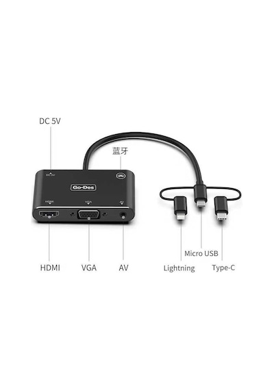 Go Des GD-8762 5 in 1 HDMI VGA AV Dönüştürücü Adaptör Ses ve Görüntü Aktarım Bluetooh v4.2 EDR - Siyah ZORE-260751