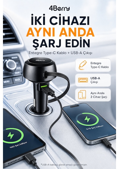 4berry 48w Süper Hızlı Şarj Destekli Geri Çekilebilir Kablolu Araç Şarj Cihazı