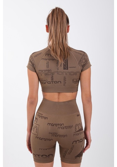 Maraton Active Slimfit Kadın Bisiklet Yaka Kısa Kol Koşu Kakao Crop Top 811037 Kahverengi
