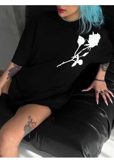 Modi Unisex Bisiklet Yaka Baskılı Oversize T-shirt - Siyah - Mymg102532