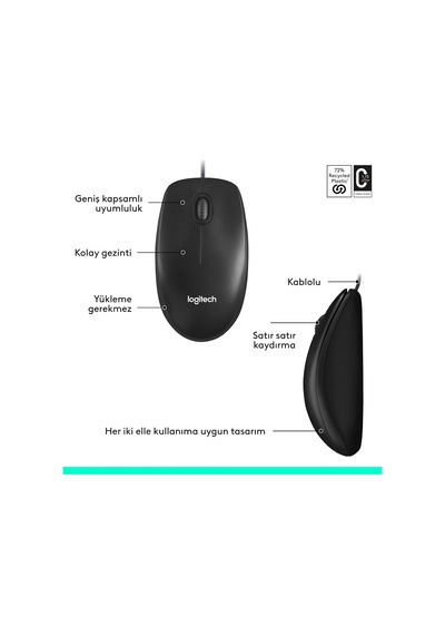 M100 Usb Kablolu Mouse, Pc, Mac, Dizüstü Bilgisayar İle Uyumlu, 1000 Dpı Optik İzleme, Sağ Ve Sol Elle Kullanıma Uygun, Siyah