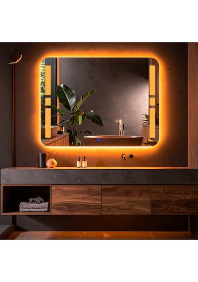 Selyn Amber Led'li Lazer Kumlamalı Lavabo & Banyo Aynası Dokunmatik Sensörlü 100 X 75 Cm Turuncu