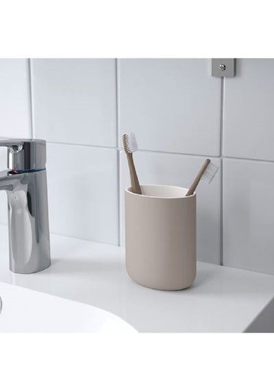 2 Li Banyo Seti Ekoln Sıvı Sabunluk Diş Fırçalık Bej Renk Stoneware Bej