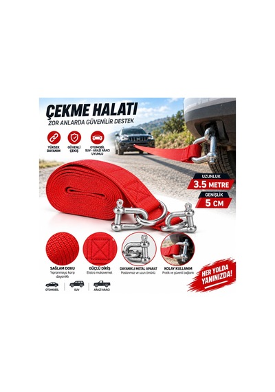 Kemer Çekme Halatı, 3,5 Metre, 1500 Kg Kapasiteli, 5 Cm Genişlik, Naylon Araç Çekme Halatı, Oto Kurtarma Çeki Hal