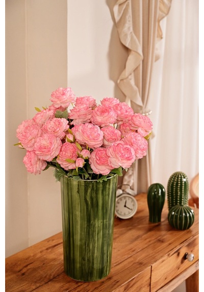 Pembe Yapay Ranunculus Şakayık Çiçeği 3 Dallı Lüx İpeksi Dokulu 50 Cm